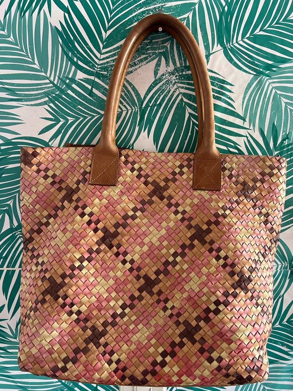 Pikolinos Woven Multicolor basket weave Leather Tote Bag - Pink & Brown